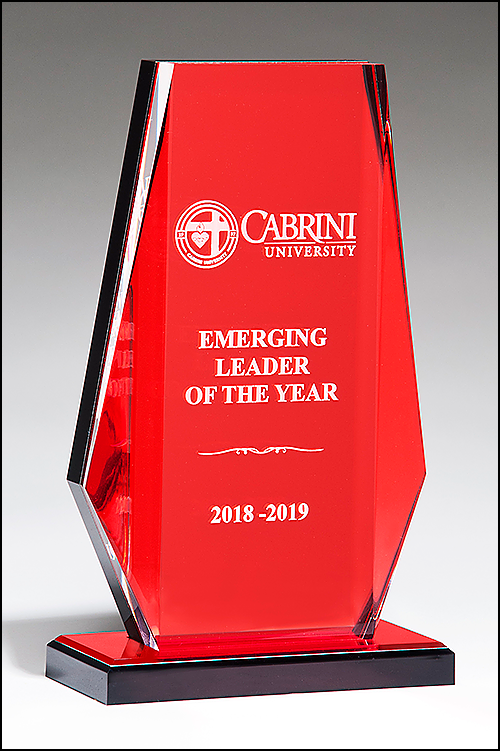 A7082 Clear Acrylic Award with Red Mirror Background on Red Mirror-Topped Base