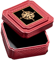 B701 Red acrylic jewelry box with ornate design, brass engraving plate.