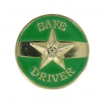 "Safe Driver" 3/4" round die struck enameled gold plated pin.
