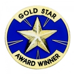 "Gold Star Award Winner" 1" die struck enameled blue and gold pin