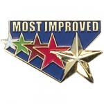 "Most Improved" 1" die struck gold-plated pin with 5 stars and enamel fill