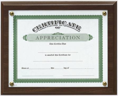 Click to view stock & custom certificate info and certificate accessories.